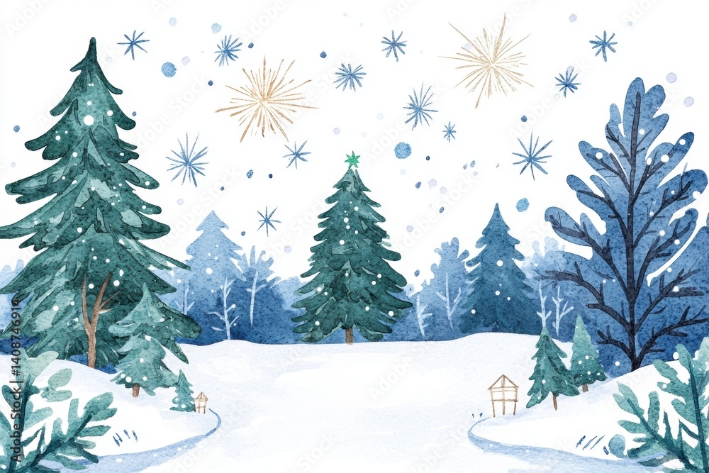 Naklejka premium A serene winter landscape featuring snow-covered trees and a gentle snowfall, creating a peaceful and festive atmosphere.