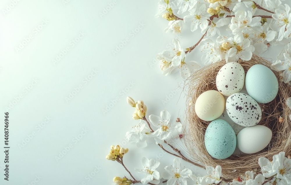 Easter nest with speckled pastel eggs and white cherry blossoms on light background. Ideal for seasonal ads, greeting cards, spring sales, and festive content with text space Easter nest with speckled pastel eggs and white cherry blossoms on light background. Ideal for seasonal ads, greeting cards, spring sales, and festive content with text space