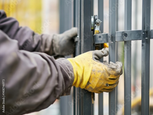 A construction worker fixing a metal gate at a residential site. Featuring gate installation and metalwork