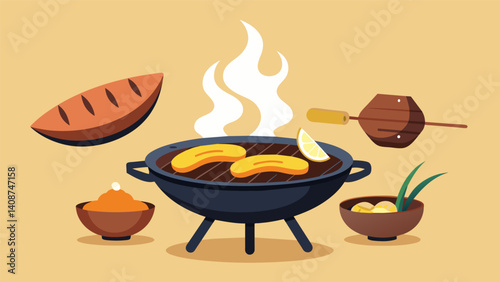 As charcoal grills sizzle with meat and plantains fry to a crisp the anticipation grows for the traditional Colombian dish that awaits the bandeja paisa overflowing with flavor.. Vector illustration