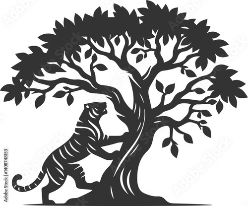 Tree with tiger animal vector silhouette