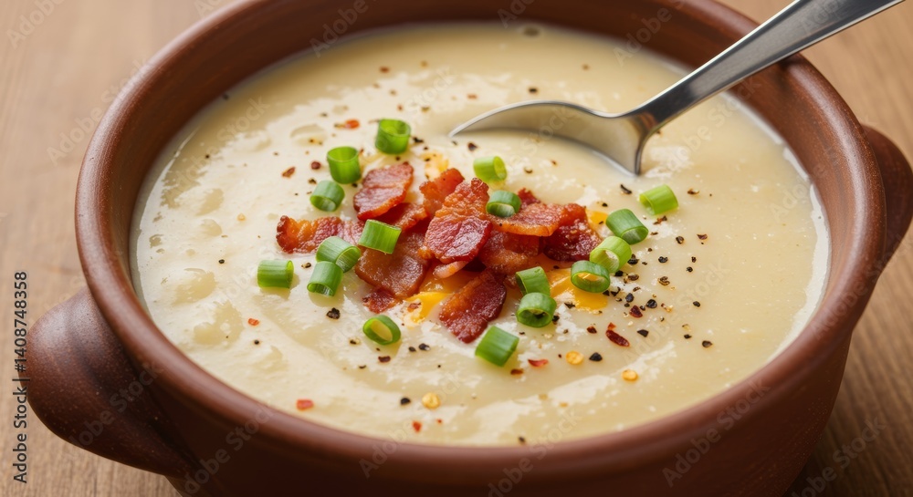 Overhead shot of creamy potato soup with crispy bacon and fresh green onions Overhead shot of creamy potato soup with crispy bacon and fresh green onions