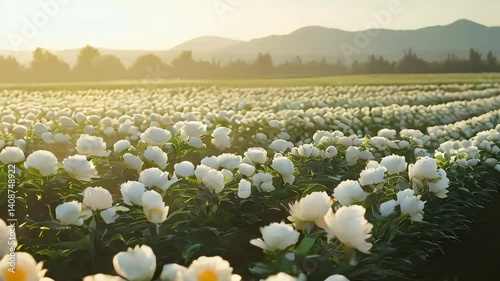 Endless white peonies bloom gracefully beneath golden sunlight in a peaceful meadow
