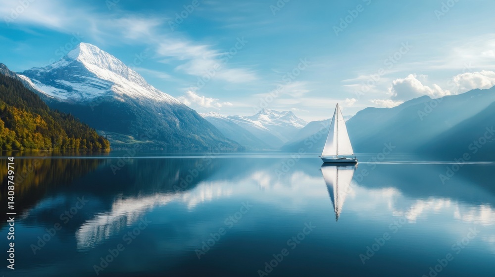 Serene Mountain Lake with Sailboat Under Blue Sky and Reflections