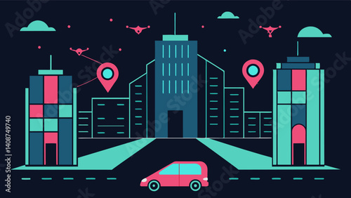 In between buildings designated landing zones are marked with neon lights guiding eVTOLs to their designated areas and ensuring safe navigation throughout the campus.. Vector illustration