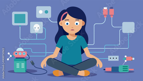 A girl sits on the floor surrounded by bits of circuits and wires completely immersed in coding her own robotic invention.. Vector illustration