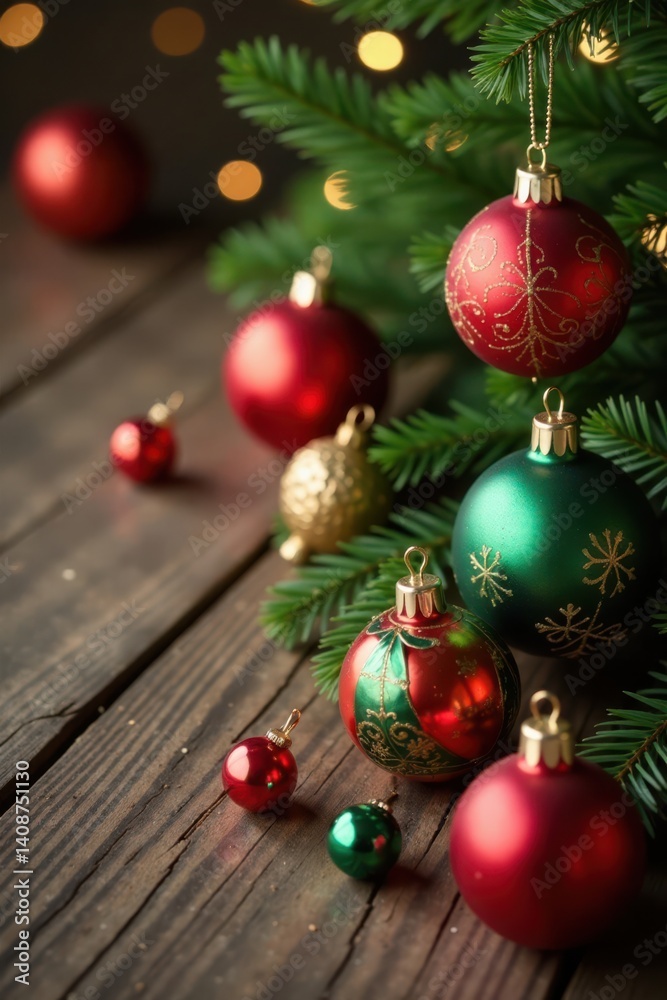 Fototapeta premium Decorative Christmas ornaments on wooden table, Fruits, Winter, Wood