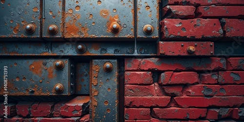 Distressed industrial brick wall with rusting metal panels, decay and aged weathered surfaces.