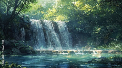 Lush forest waterfall cascading into a tranquil pool.