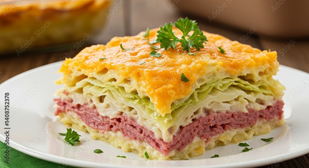 Delectable corned beef and cabbage casserole slice with melted cheese topping Delectable corned beef and cabbage casserole slice with melted cheese topping
