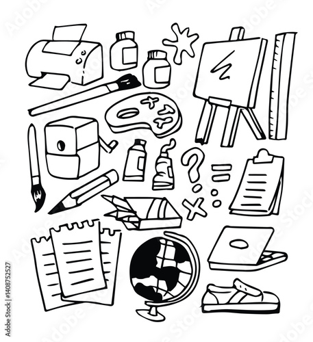 Doodle hand drawn of school and office supply stationery object icon illustration. back to school doodle set	