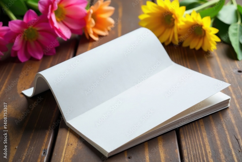 Fototapeta premium Folded brochure on a wooden table with flowers in the foreground, office supply, wood, still life