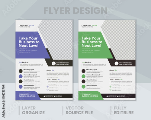 Professional business flyer design template with clean layout, green and blue color themes, editable vector format for corporate promotion, services, and branding.