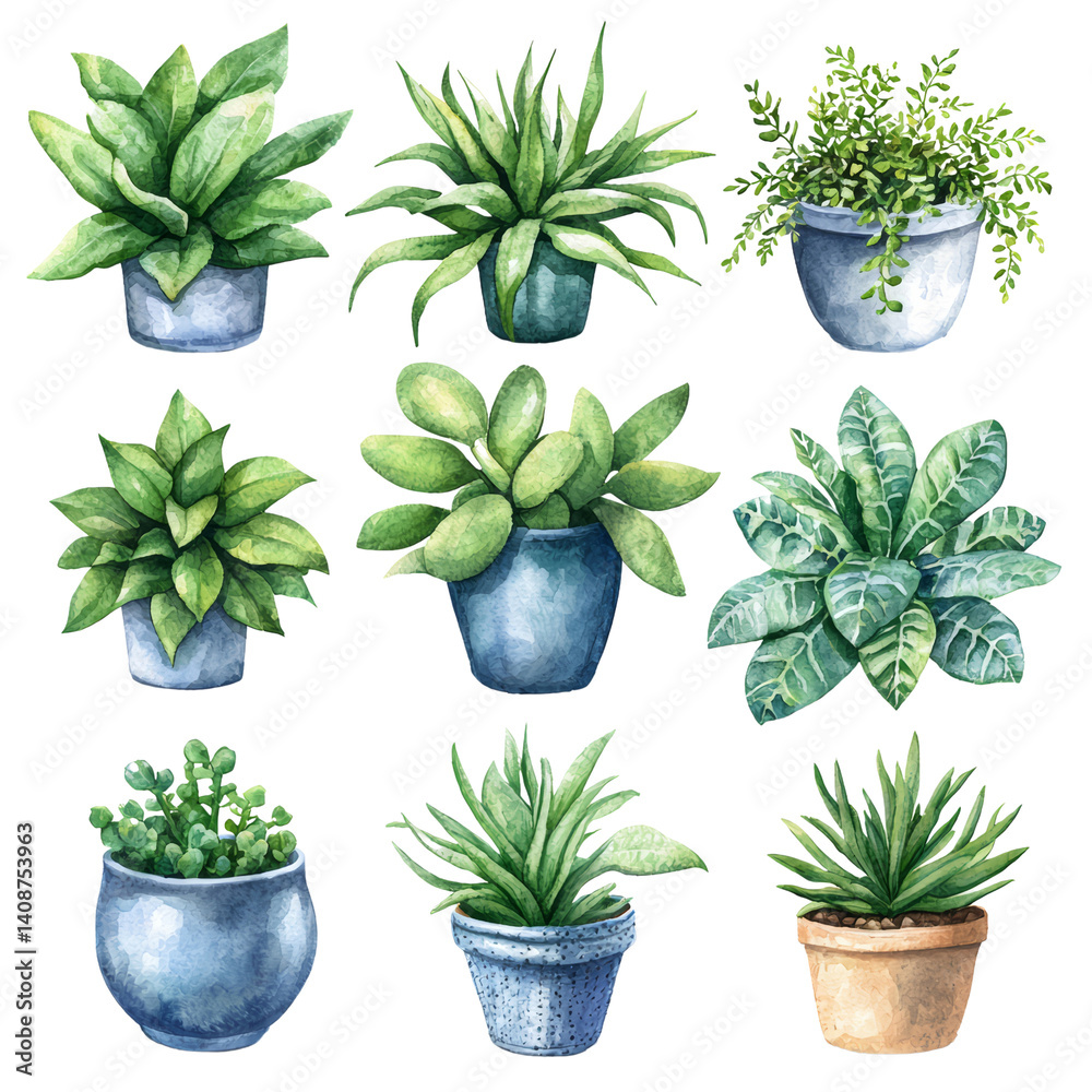 Fototapeta premium Vibrant Collection of Potted Greenery with Varied Leaf Shapes and Textures