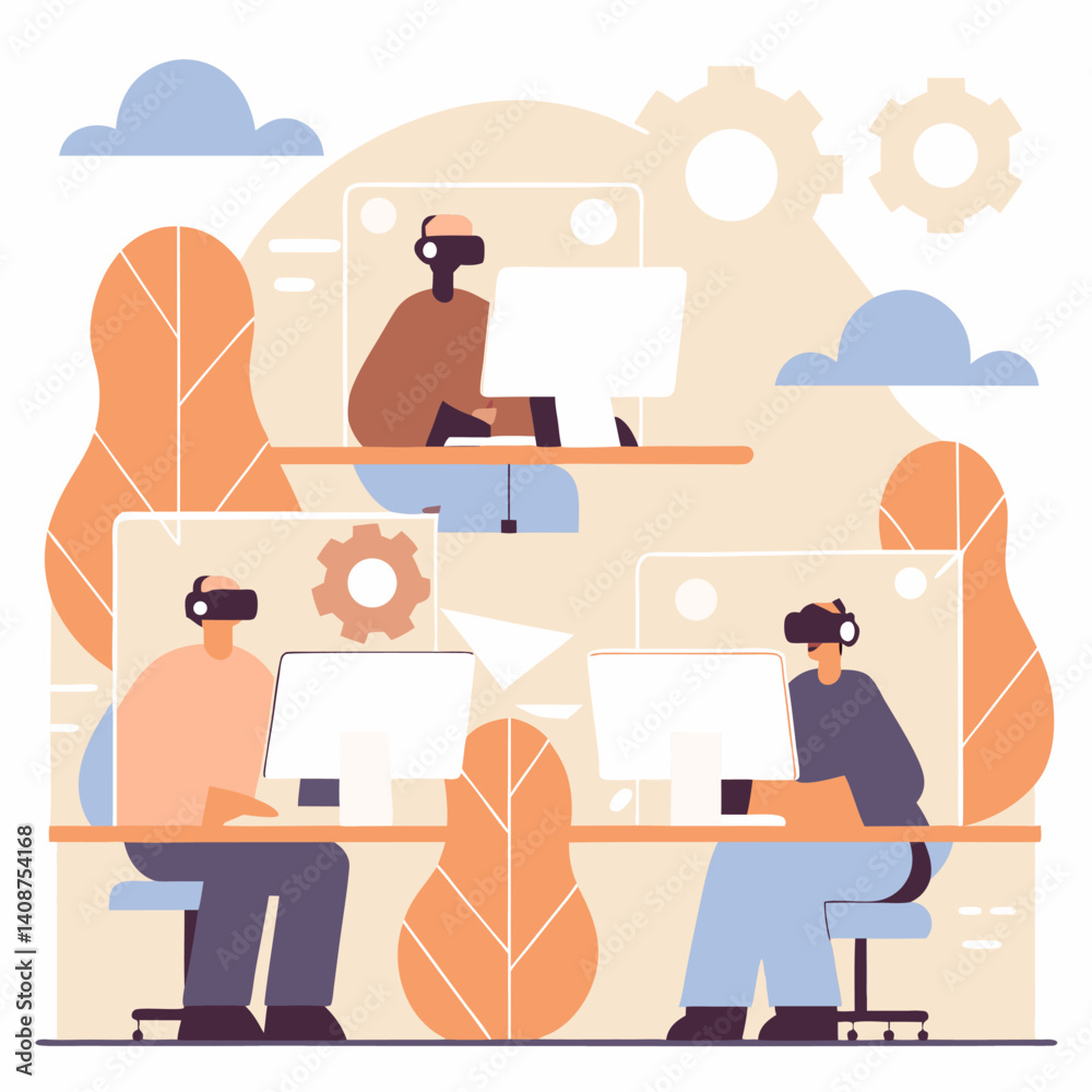 Fototapeta premium People work in office design flat. Business woman and man, computer worker