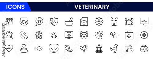 Vector illustration web line icon collection focused on veterinary care, featuring animals, medical tools, pet checkups, treatment, diagnostics, healthcare, wellness, clinics, and professionals.