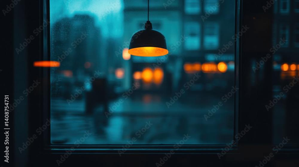 Fototapeta premium A lamp hanging from a window in a city. The light is yellow and the window is foggy