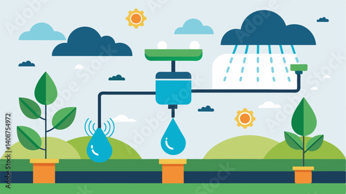 Precision irrigation systems that use weather data soil moisture sensors and plant demand to deliver the perfect amount of water to each crop.. Vector illustration