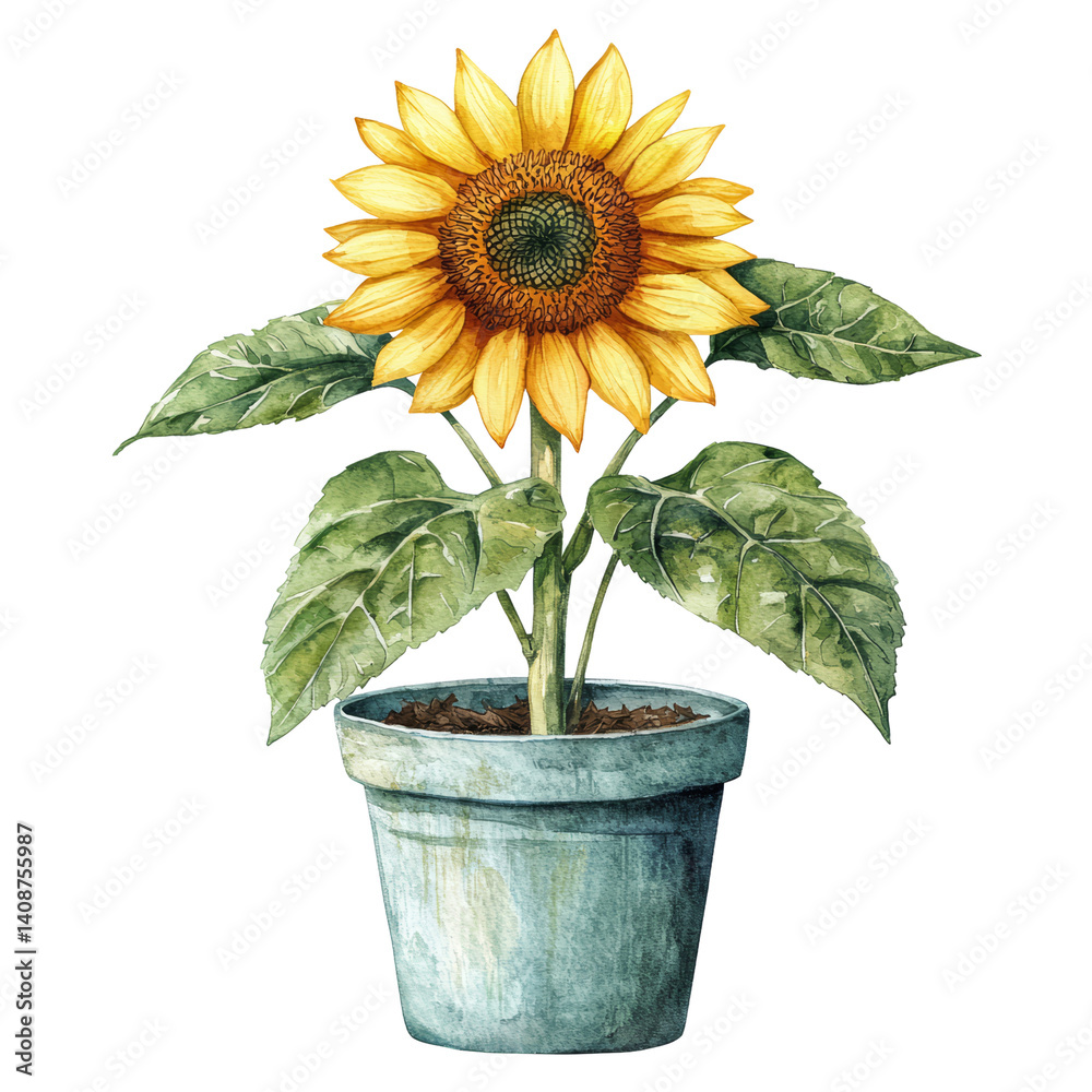 Obraz premium Bright Sunflower in a Decorative Pot Against a White Background