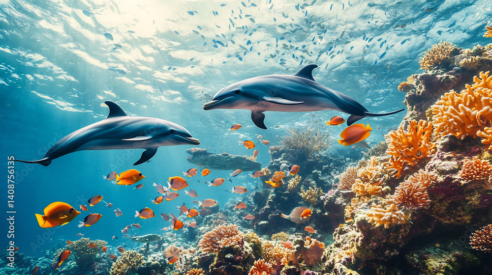 Fototapeta premium Pod of dolphins swimming alongside a school of vibrant reef fish captured in crystal clear tropical waters with rich coral formations