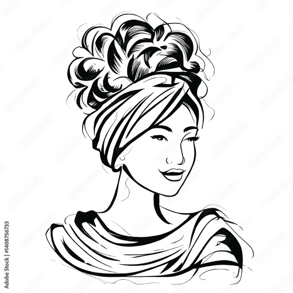 Elegant Woman Portrait with Headwrap Line Art