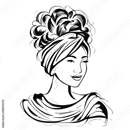 Obraz na płótnie Elegant Woman Portrait with Headwrap Line Art w salonie