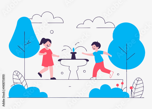 Illustration of children playing with water in a friendly manner. Vector.