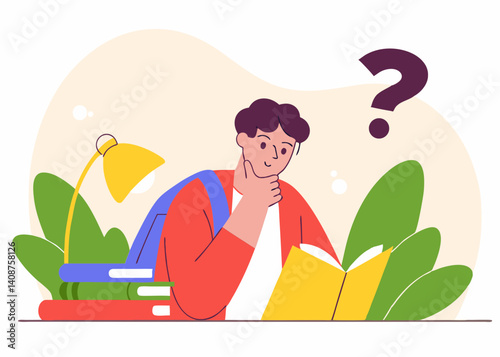 Illustration of a student thinking, worrying, and researching. Study, research. Vector.