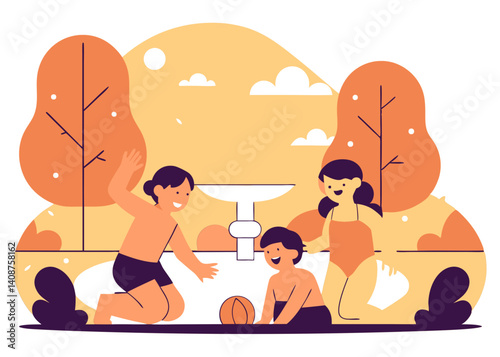 Illustration of children playing with water in a friendly manner. Vector.