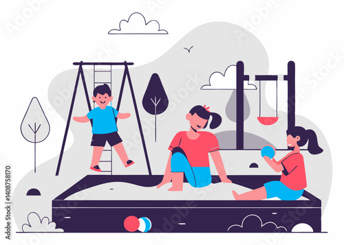 Illustration of children playing with water in a friendly manner. Vector.
