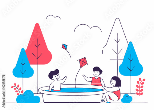 Illustration of children playing with water in a friendly manner. Vector.