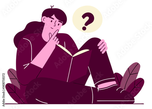 Illustration of a student thinking, worrying, and researching. Study, research. Vector.