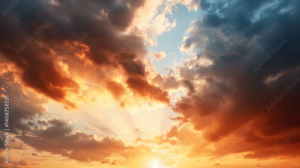 A stunning sunset with vibrant orange and blue hues illuminating the clouds, creating a breathtaking sky view. A stunning sunset with vibrant orange and blue hues illuminating the clouds, creating a breathtaking sky view.