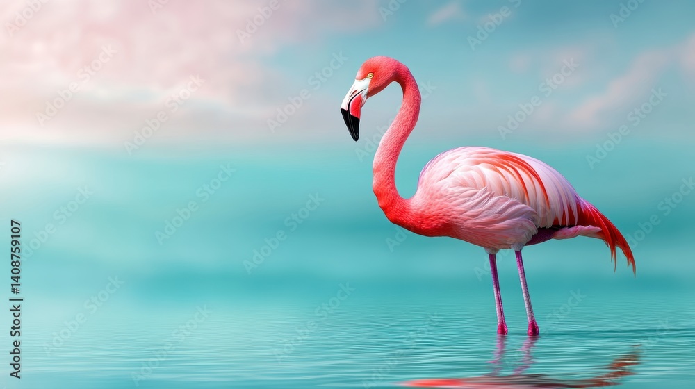 Fototapeta premium Pink Flamingo in Turquoise Water Under a Pastel Sky