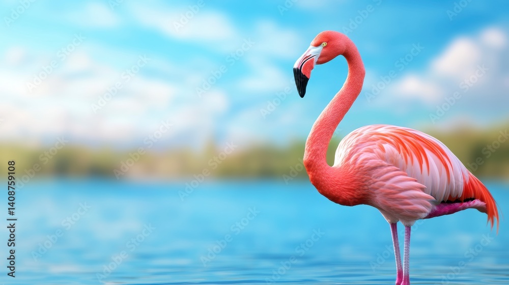 Fototapeta premium Pink Flamingo in Blue Water Under a Bright Sky