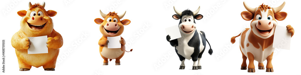 Naklejka premium Cheerful Cartoon Cows Holding Blank Papers with Smiling Expressions in a Row