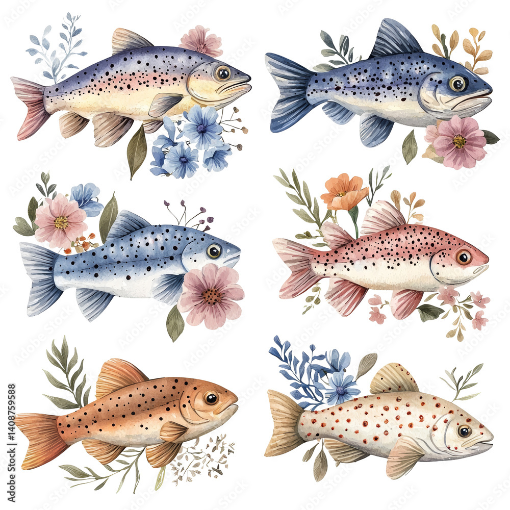 Fototapeta premium Colorful Illustrated Fish with Botanical Elements and Floral Accents for Artistic Designs