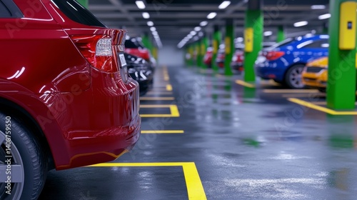 Red Car in Modern Underground Parking Garage