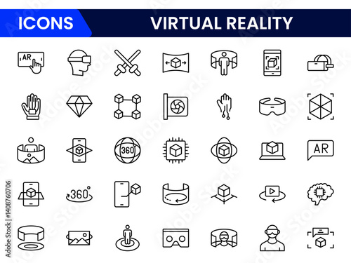 Vector illustration web line icon collection depicting virtual reality—headset, immersive experience, simulation, 3D graphics, controller, VR gaming, and digital interaction elements.