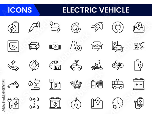 Vector illustration web line icon collection showcasing electric cars charging stations, EV batteries, eco symbols, plug-in icons, sustainable energy, clean transport, and futuristic mobility elements