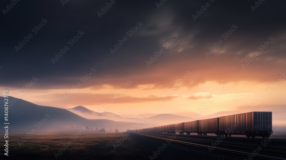 Tranquil Sunset Over Freight Train on Empty Railway in Mountains