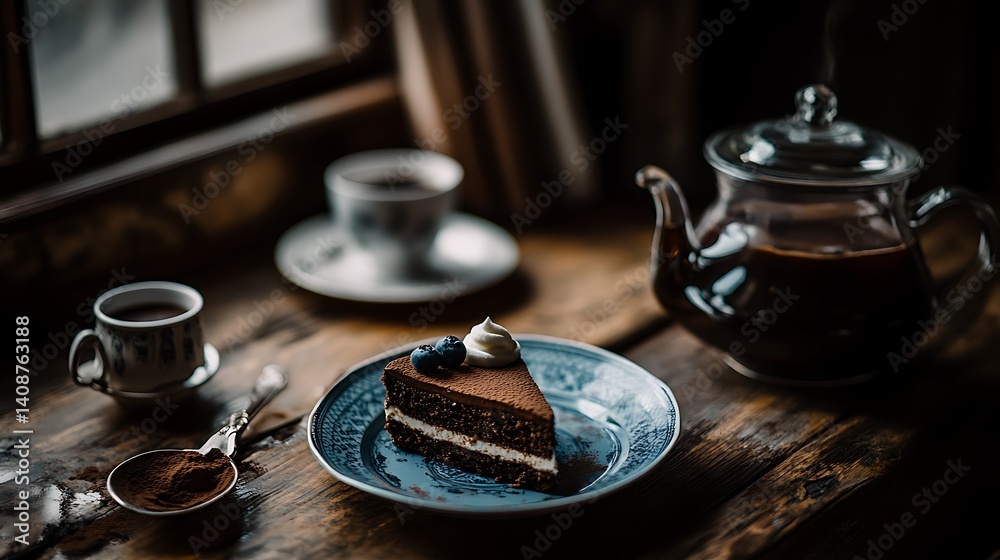 A Slice of Chocolate Cake with Coffee and Tea