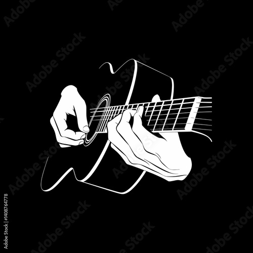 Hands Playing Acoustic Guitar Black and White Graphic Illustration