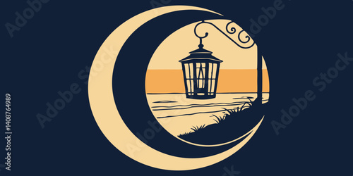 2025 ,Eid Al Azha Mubarak greetings image, Crescent moon shape with lantern lamp dark navy blue on the beach during sunset vector illustration.
