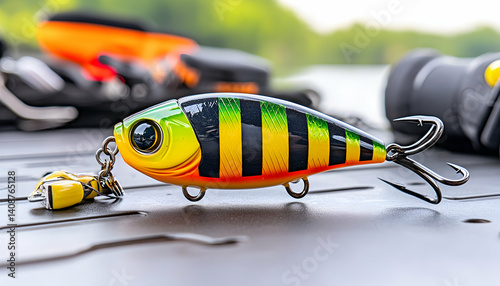 Vibrant fishing lure close-up, sharp hooks, yellow, green, black stripes, outdoors background.