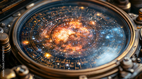 Enigmatic steampunk device displaying a vibrant nebula; intricate brass design; cosmic exploration concept.