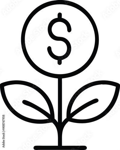 Coin with Dollar Sign and Leaves Outline Icon on Transparent Background