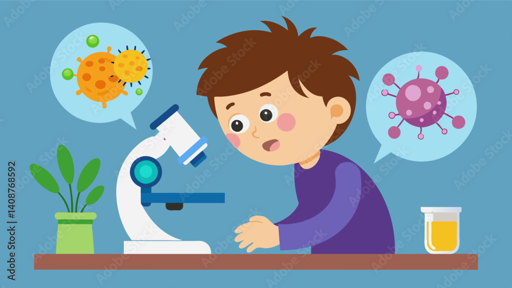 A young boy using a microscope to observe and identify different types of bacteria sparking his interest in microbiology.. Vector illustration