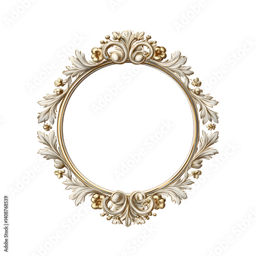 Soft gold antique round frame with classic floral leaf top accent, timeless vintage design, isolated on transparent white background
