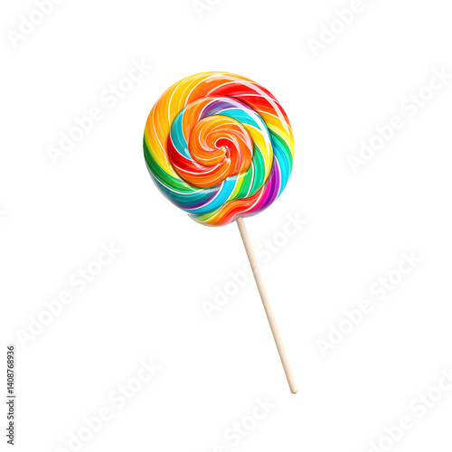 Swirl lollipop with rainbow colors on stick, cute candy style, isolated on transparent white background